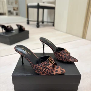 Leopard Print Ruched Pointed Toe High Heel Mules image 1