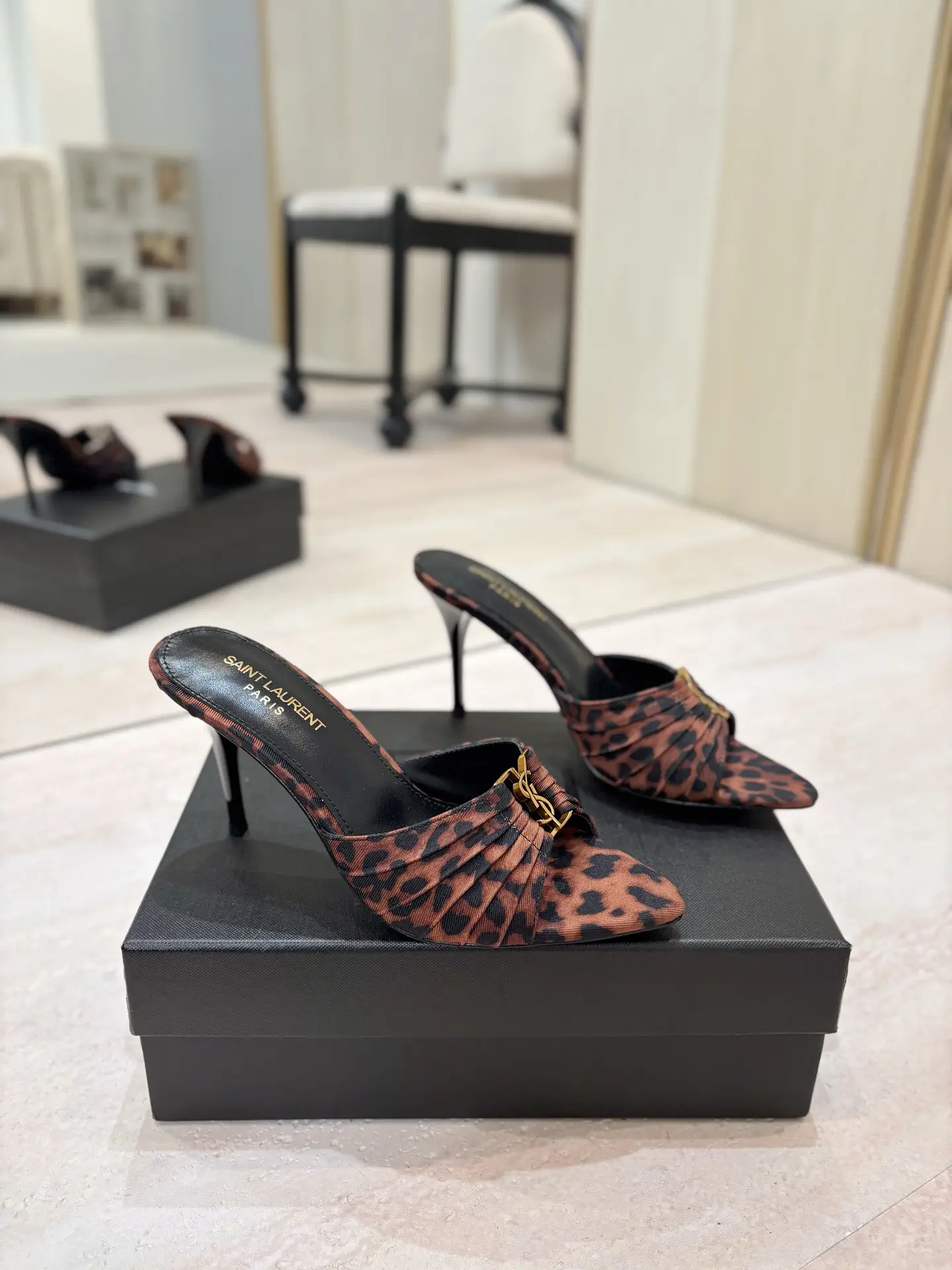 Leopard Print Ruched Pointed Toe High Heel Mules image 1