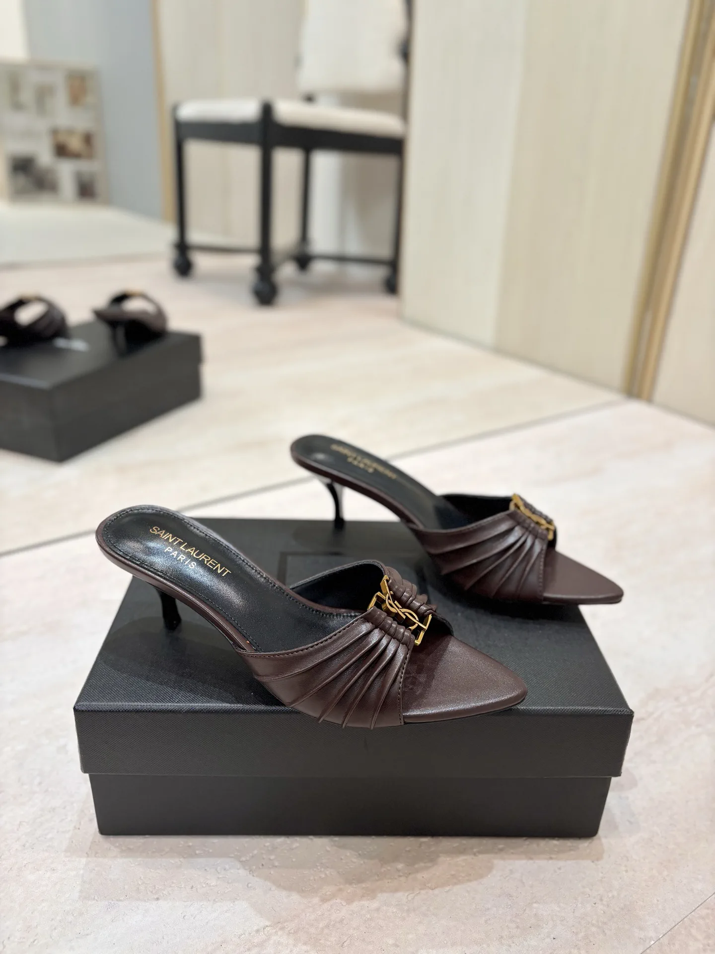 Ruched Pointed Toe Mid-Heel Mules with Gold Metal Buckle image 1
