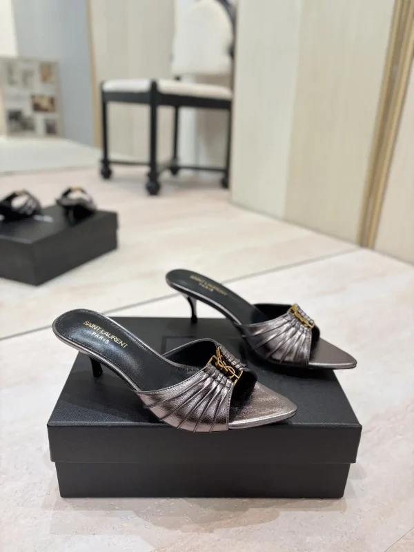 Ruched Pointed Toe Kitten Heel Mules with Gold Metal Buckle image 1