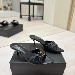 Ruched Pointed Toe Mid-Heel Mules with Gold Metal Buckle image 1
