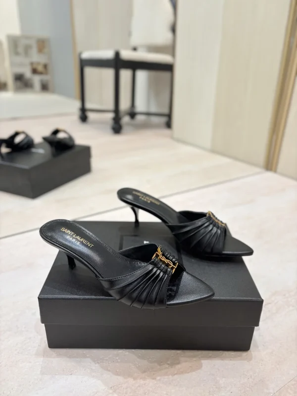 Ruched Pointed Toe Mid-Heel Mules with Gold Metal Buckle image 1