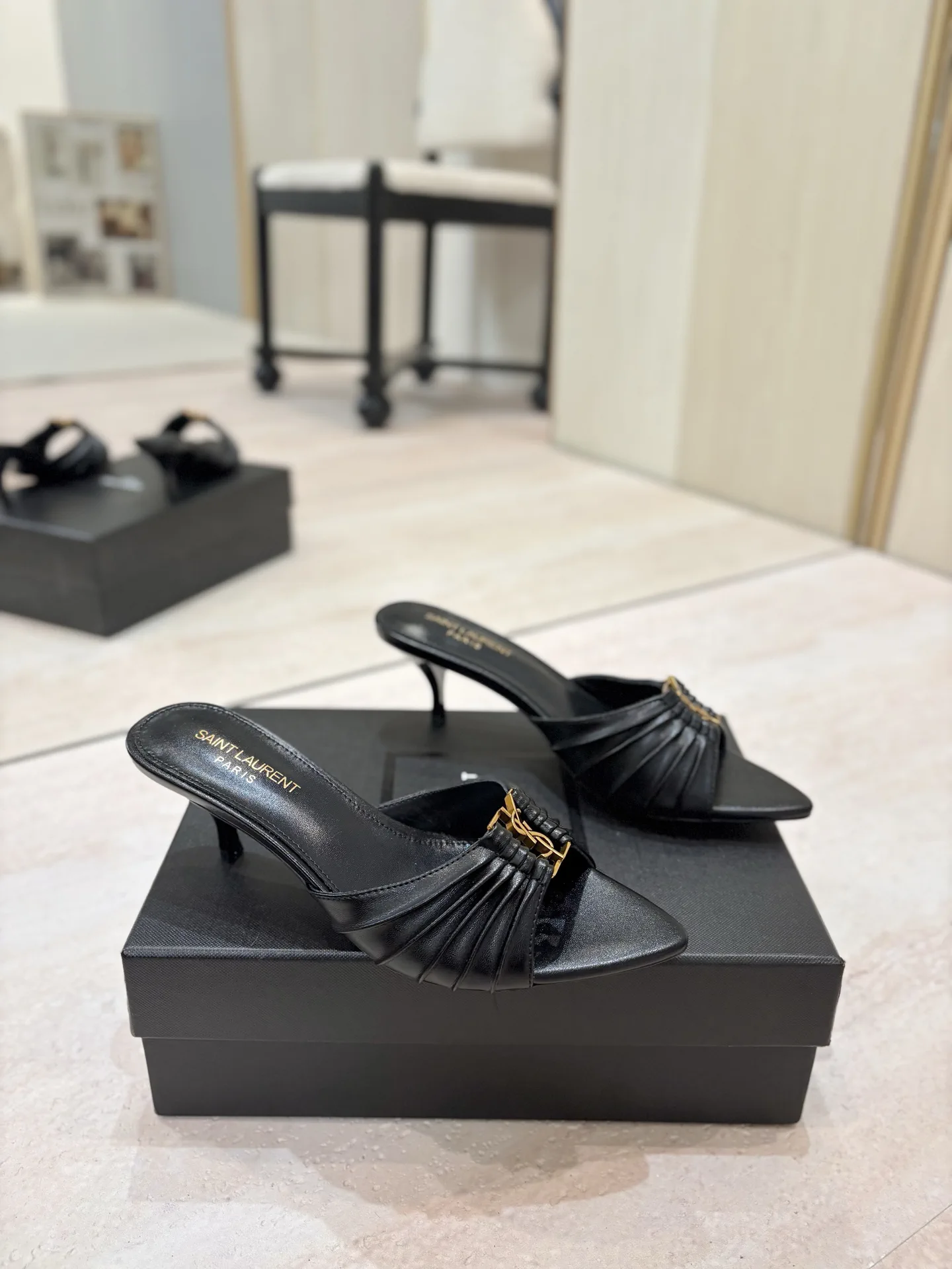 Ruched Pointed Toe Mid-Heel Mules with Gold Metal Buckle image 1