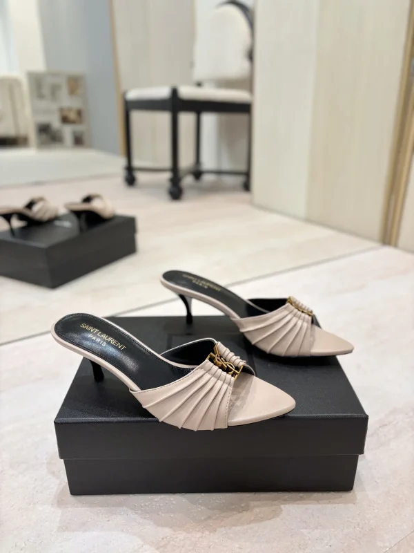 Ruched Pointed Toe Mid-Heel Mules with Gold Metal Buckle image 1