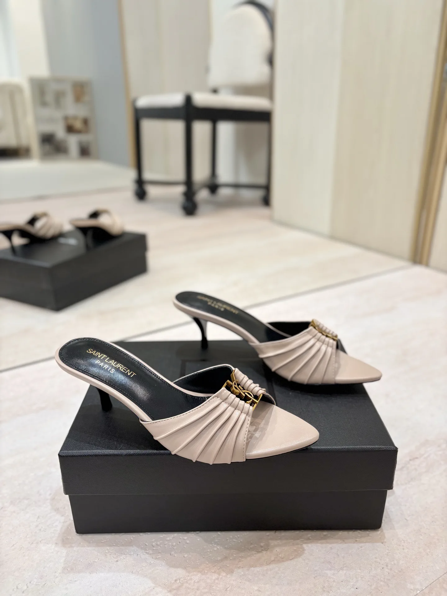 Ruched Pointed Toe Mid-Heel Mules with Gold Metal Buckle image 1