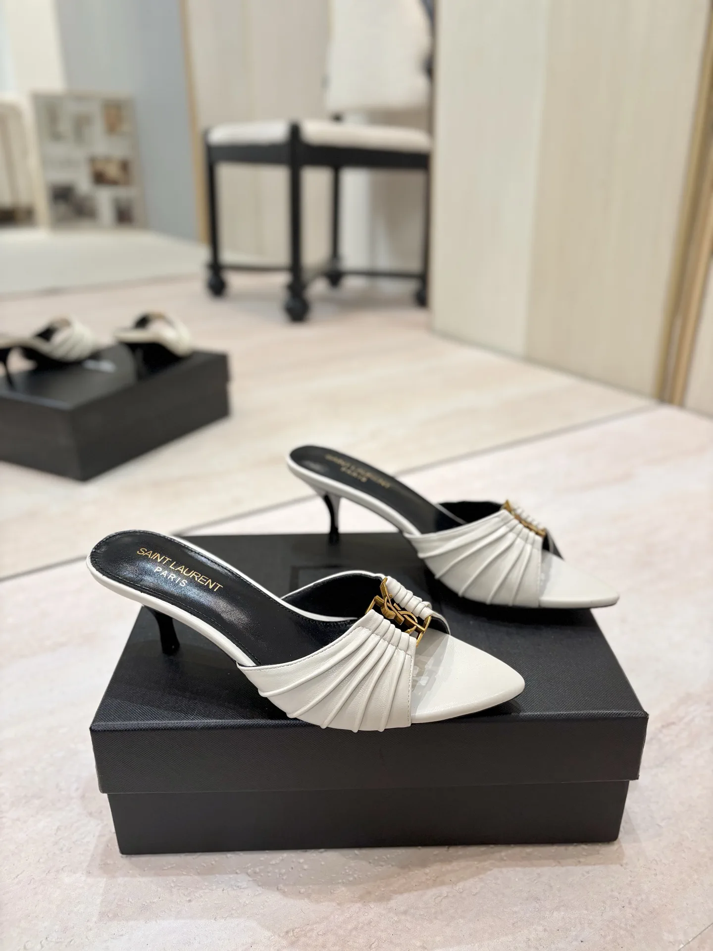 Ruched Pointed Toe Kitten Heel Mules with Gold Metal Buckle image 1