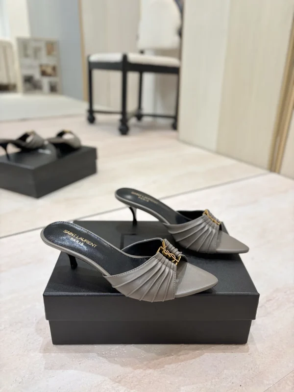 Ruched Pointed Toe Kitten Heel Mules with Gold Metal Buckle image 1