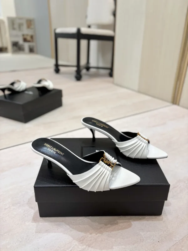 Ruched Pointed Toe Kitten Heel Mules with Gold Metal Buckle image 1
