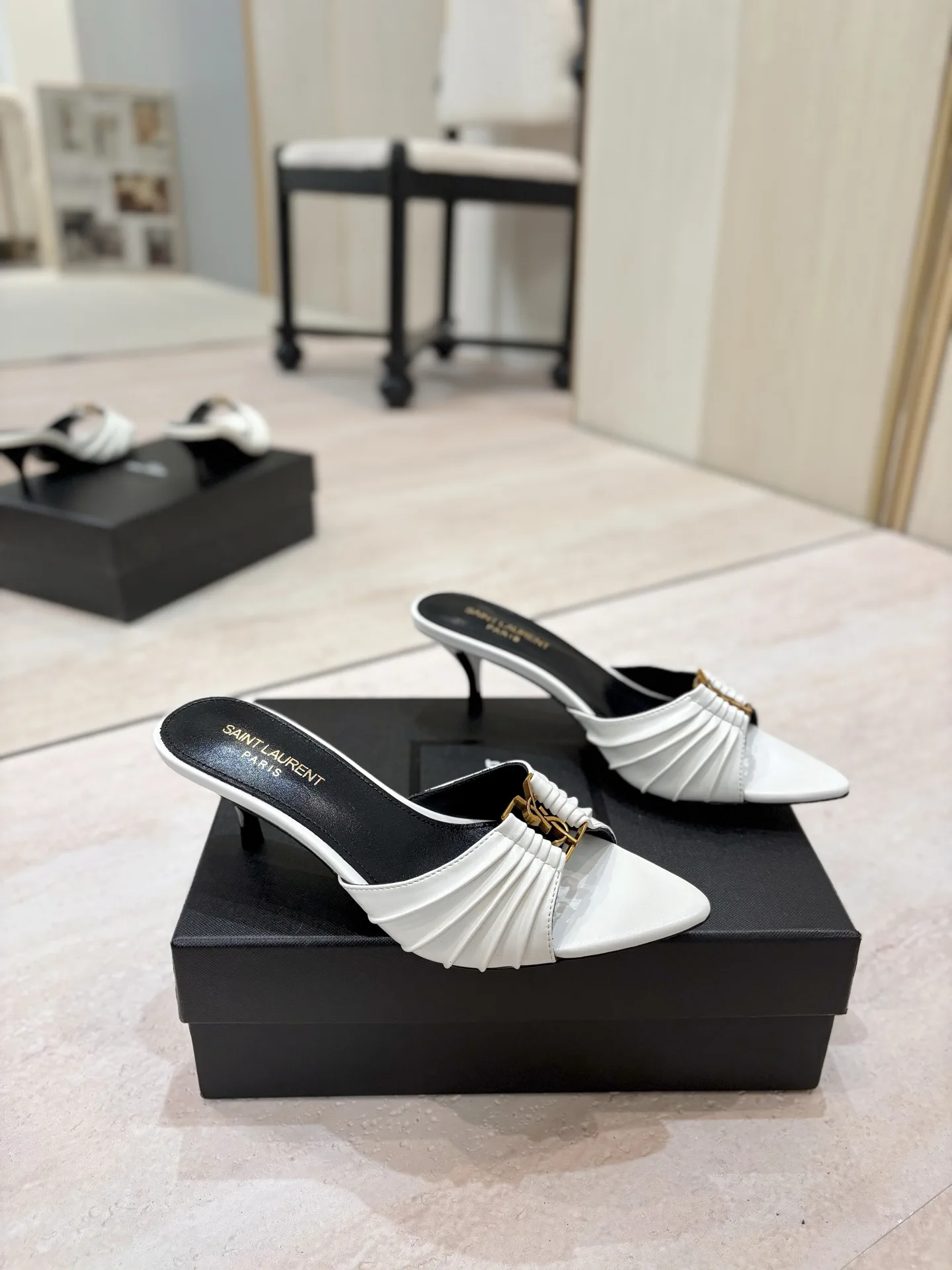 Ruched Pointed Toe Kitten Heel Mules with Gold Metal Buckle image 1