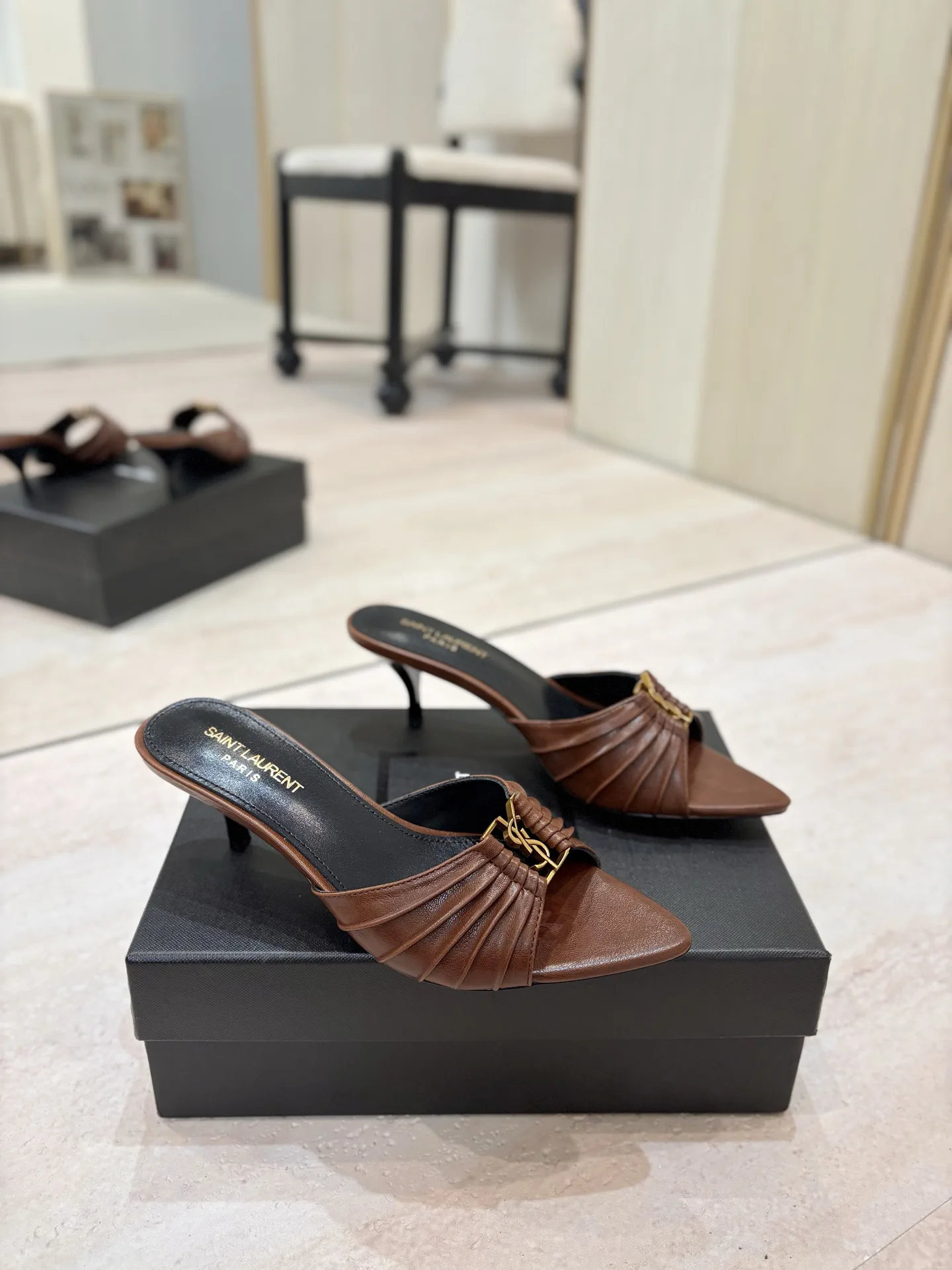 Ruched Pointed Toe Mid-Heel Mules with Gold Metal Buckle image 1