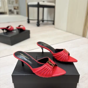 Ruched Pointed Toe Kitten Heel Mules with Gold Metal Buckle image 1