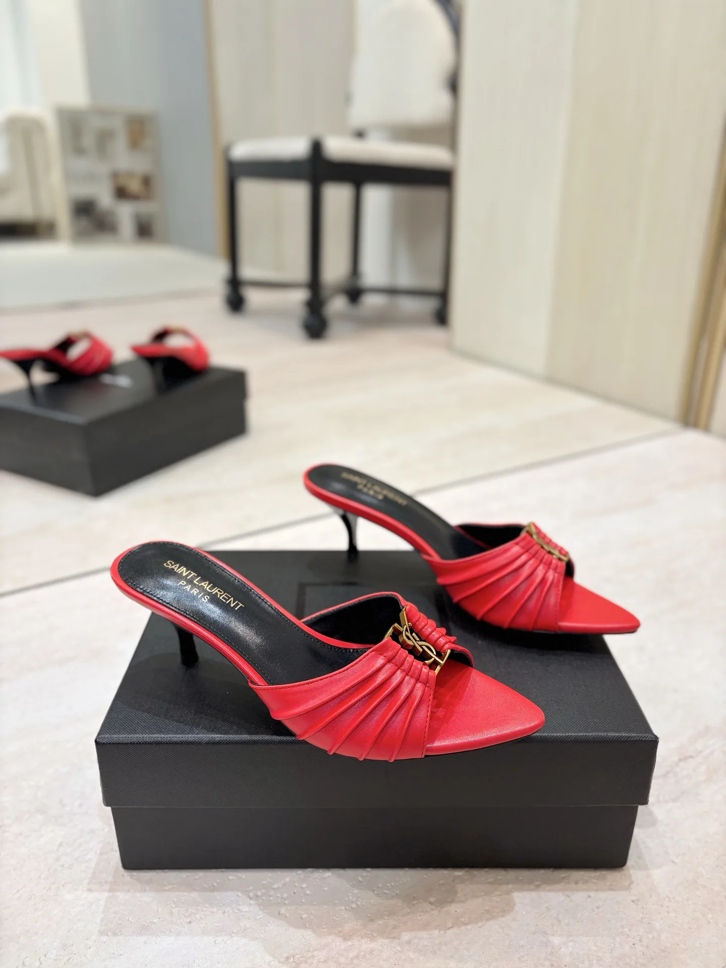 Ruched Pointed Toe Kitten Heel Mules with Gold Metal Buckle image 1