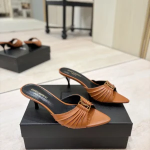 Ruched Pointed Toe Kitten Heel Mules with Gold Metal Buckle image 1