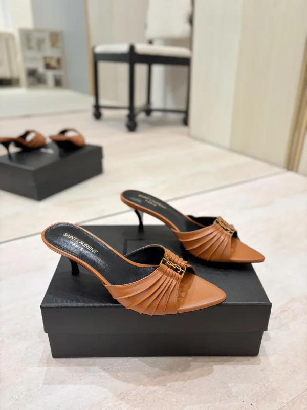 Ruched Pointed Toe Kitten Heel Mules with Gold Metal Buckle image 1