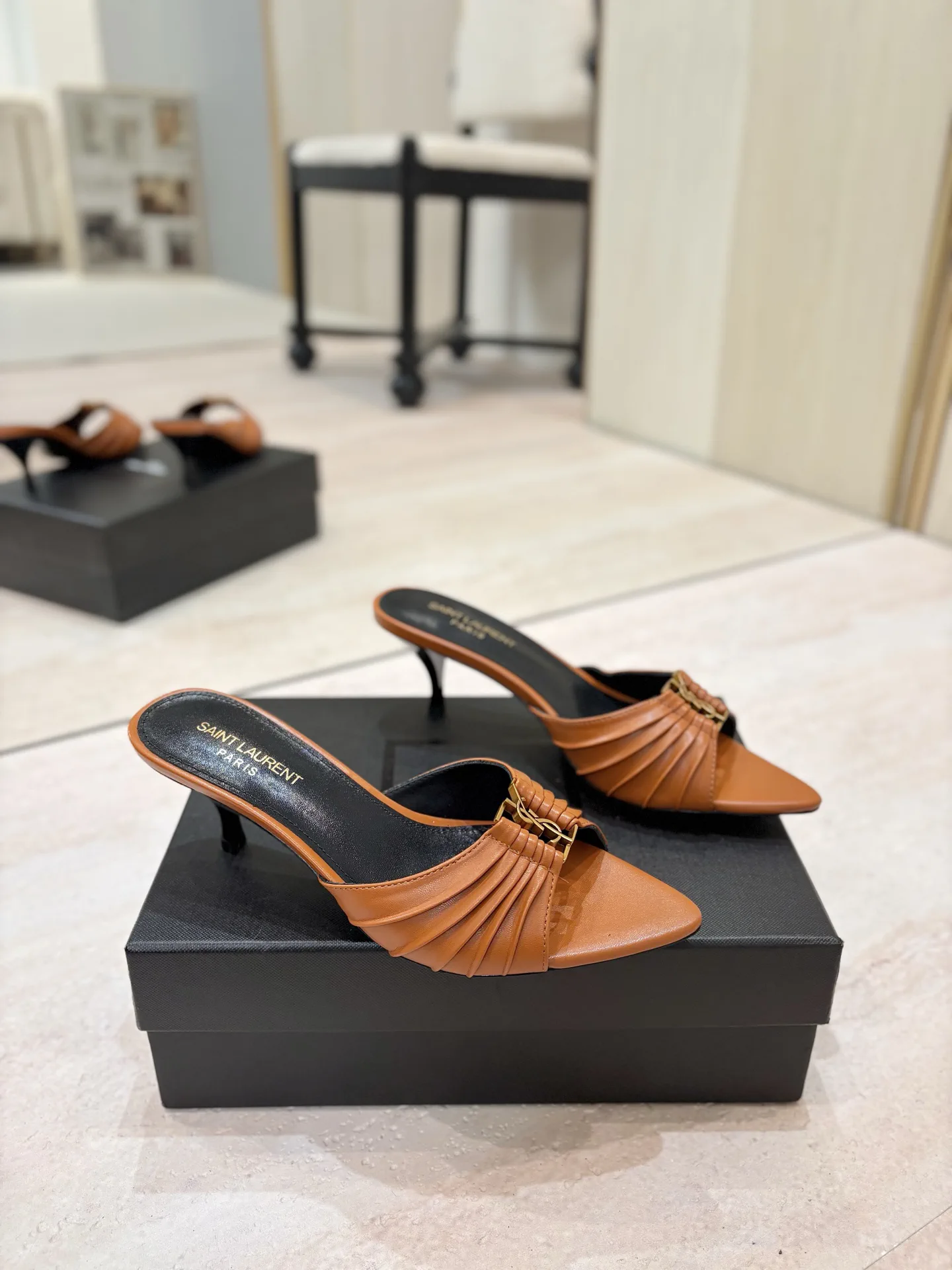 Ruched Pointed Toe Kitten Heel Mules with Gold Metal Buckle image 1