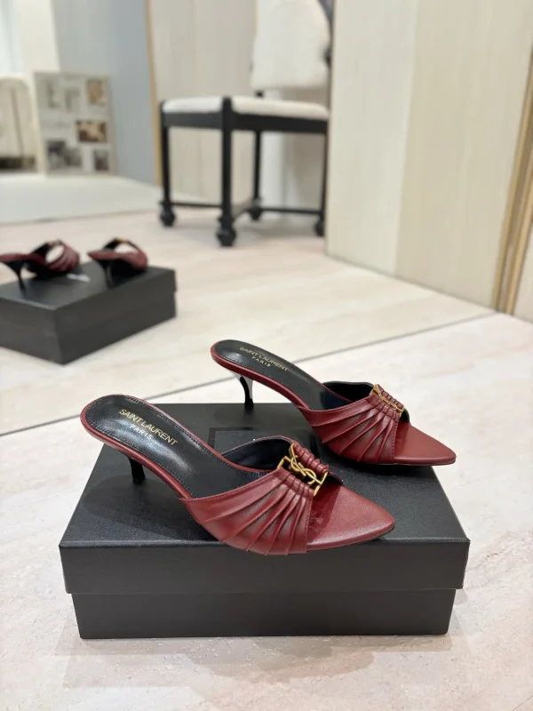 Ruched Pointed Toe Mid-Heel Mules with Gold Metal Buckle image 1