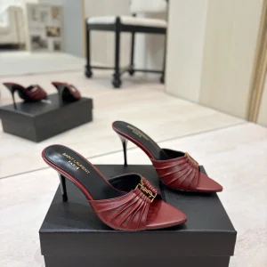 Ruched Pointed Toe High Heel Mules with Gold Metal Buckle image 1