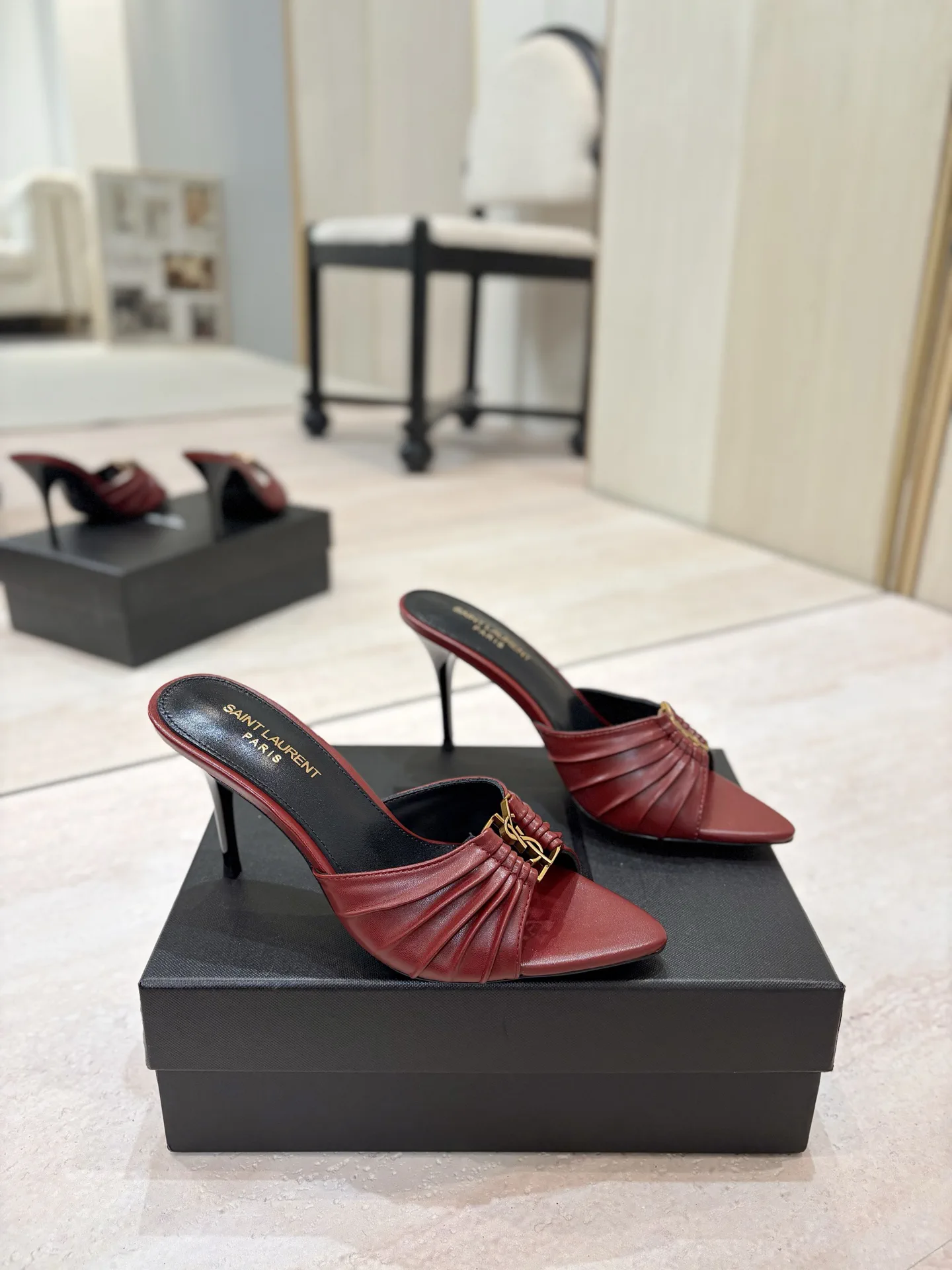 Ruched Pointed Toe High Heel Mules with Gold Metal Buckle image 1