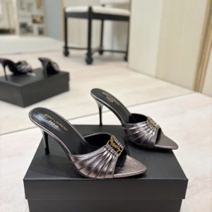 Ruched Pointed Toe High Heel Mules with Gold Metal Buckle image 1