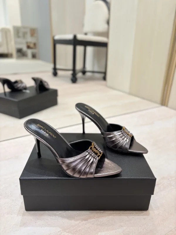 Ruched Pointed Toe High Heel Mules with Gold Metal Buckle image 1
