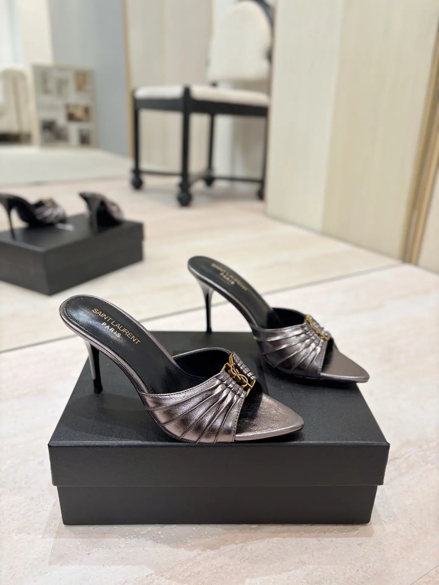 Ruched Pointed Toe High Heel Mules with Gold Metal Buckle image 1