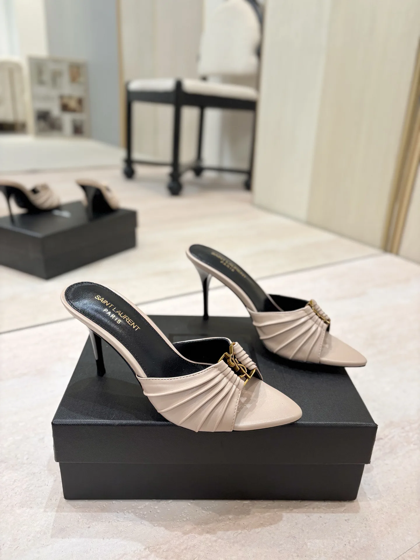 Ruched Pointed Toe Stiletto Mules with Gold Metal Buckle image 1