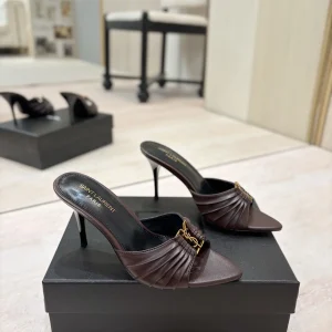 Ruched Pointed Toe High Heel Mules with Gold Metal Buckle image 1