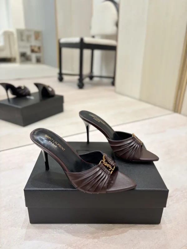 Ruched Pointed Toe High Heel Mules with Gold Metal Buckle image 1