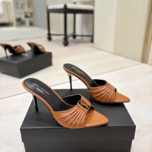 Ruched Pointed Toe High Heel Mules with Gold Metal Buckle image 1