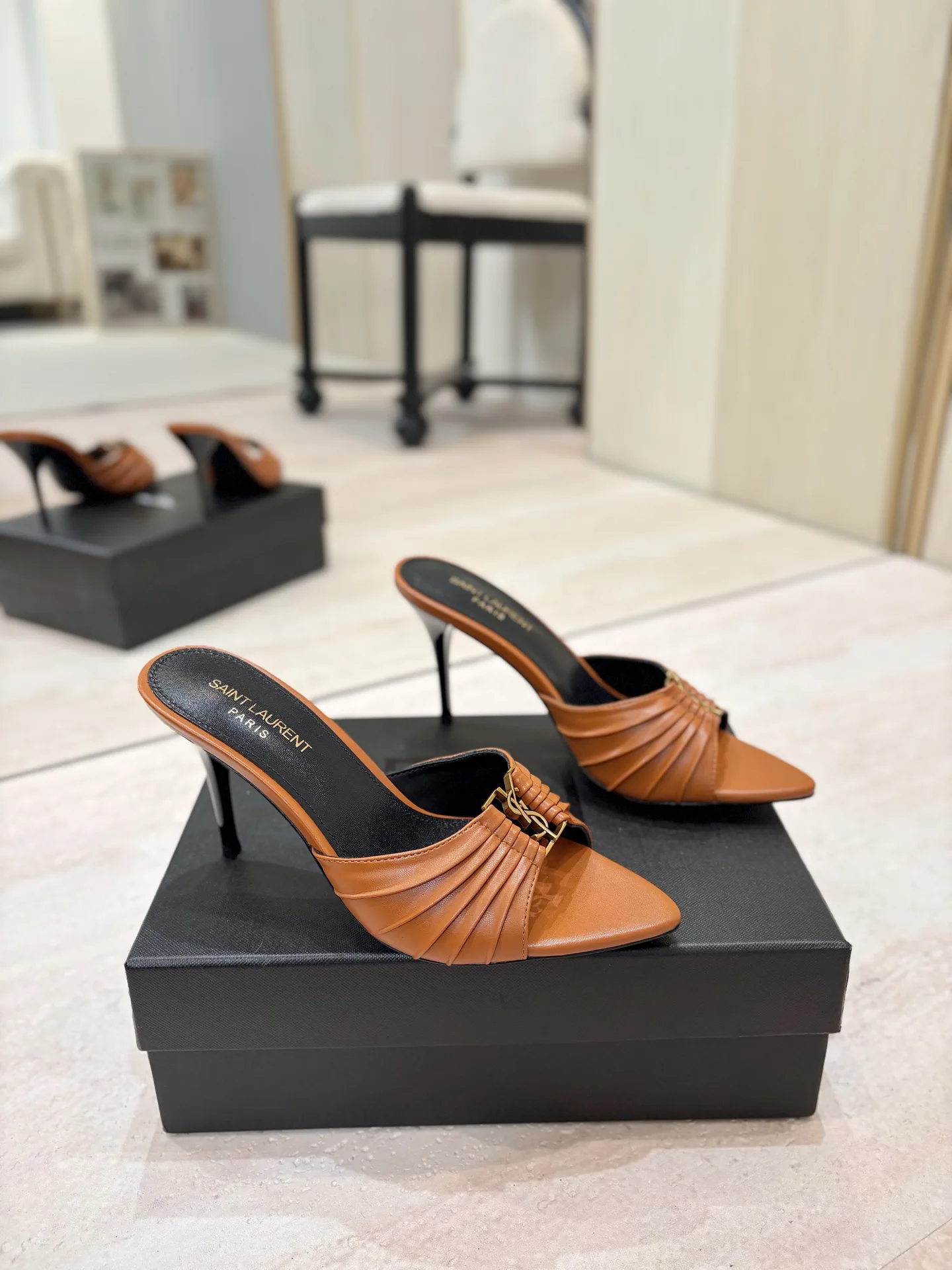 Ruched Pointed Toe High Heel Mules with Gold Metal Buckle image 1