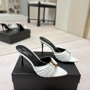 Ruched Pointed Toe High Heel Mules with Gold Metal Buckle image 1