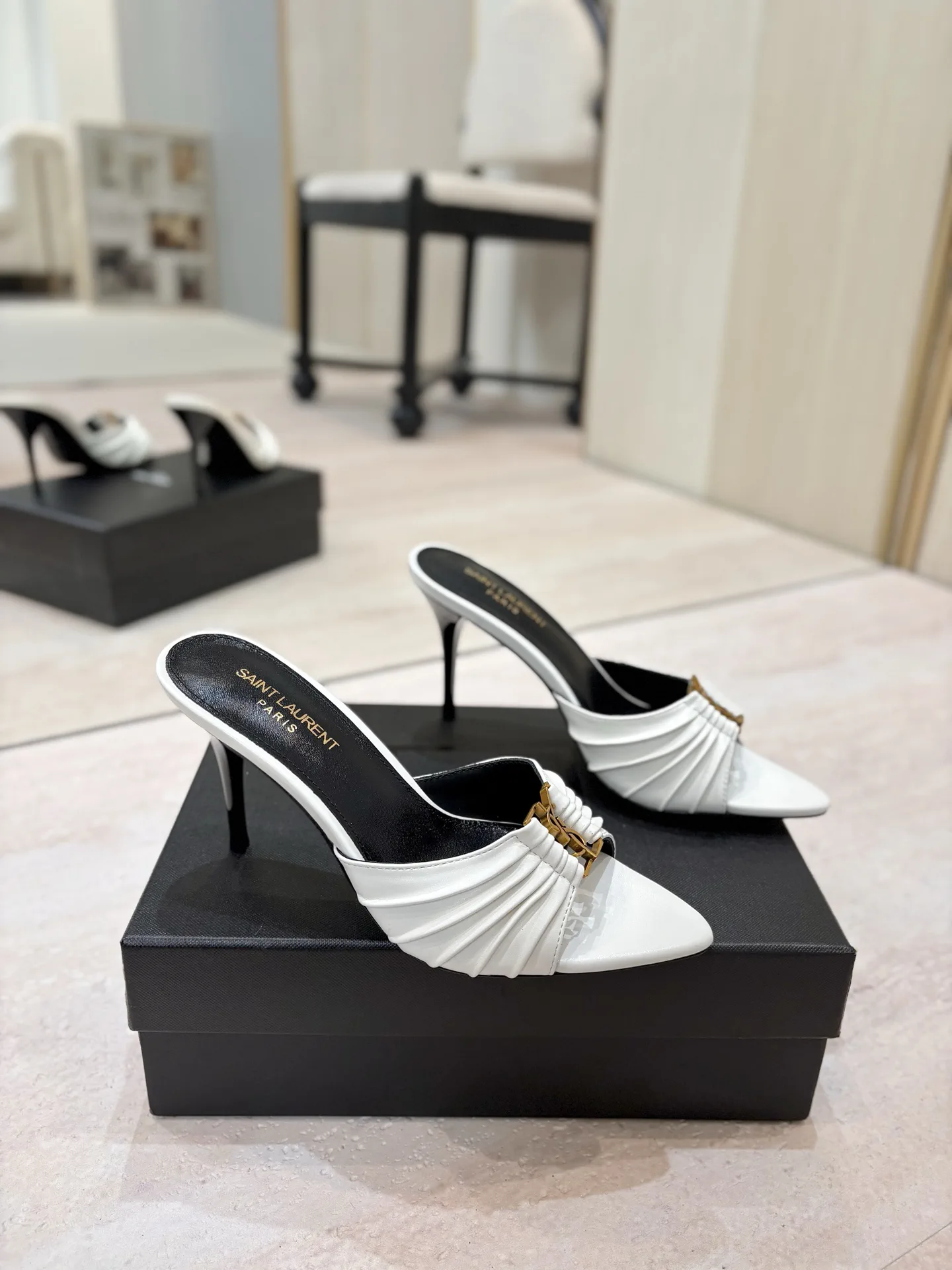 Ruched Pointed Toe High Heel Mules with Gold Metal Buckle image 1