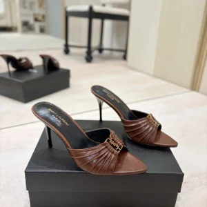 Ruched Pointed Toe High Heel Mules with Gold Metal Buckle image 1