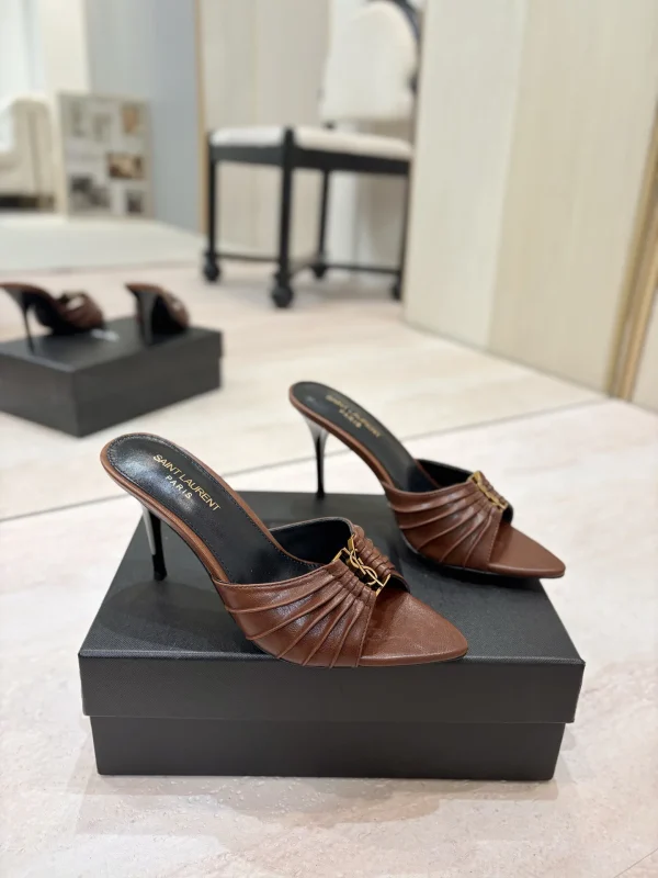 Ruched Pointed Toe High Heel Mules with Gold Metal Buckle image 1