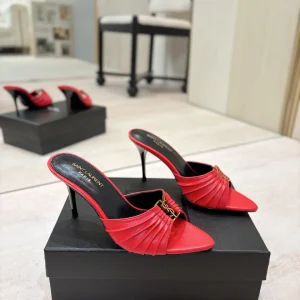 Ruched Pointed Toe High Heel Mules with Gold Metal Buckle image 1