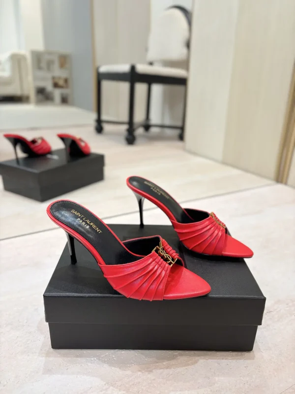 Ruched Pointed Toe High Heel Mules with Gold Metal Buckle image 1