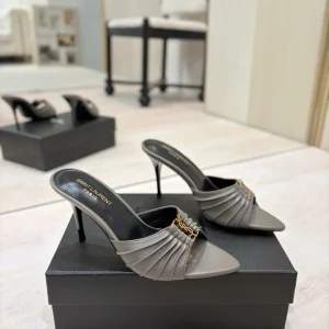 Ruched Pointed Toe High Heel Mules with Gold Metal Buckle image 1