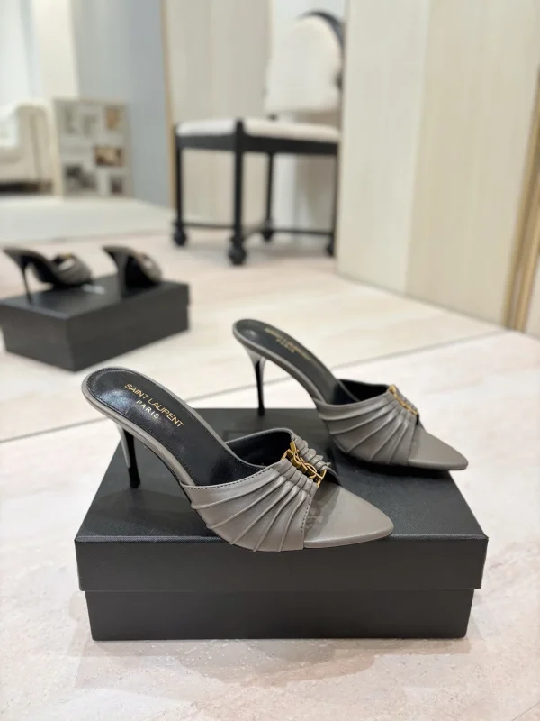 Ruched Pointed Toe High Heel Mules with Gold Metal Buckle image 1