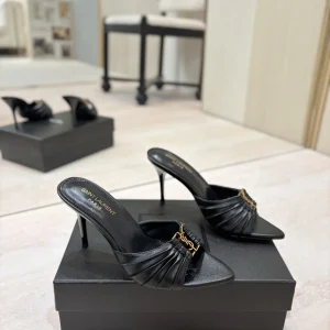 Ruched Pointed Toe High Heel Mules with Gold Metal Buckle image 1