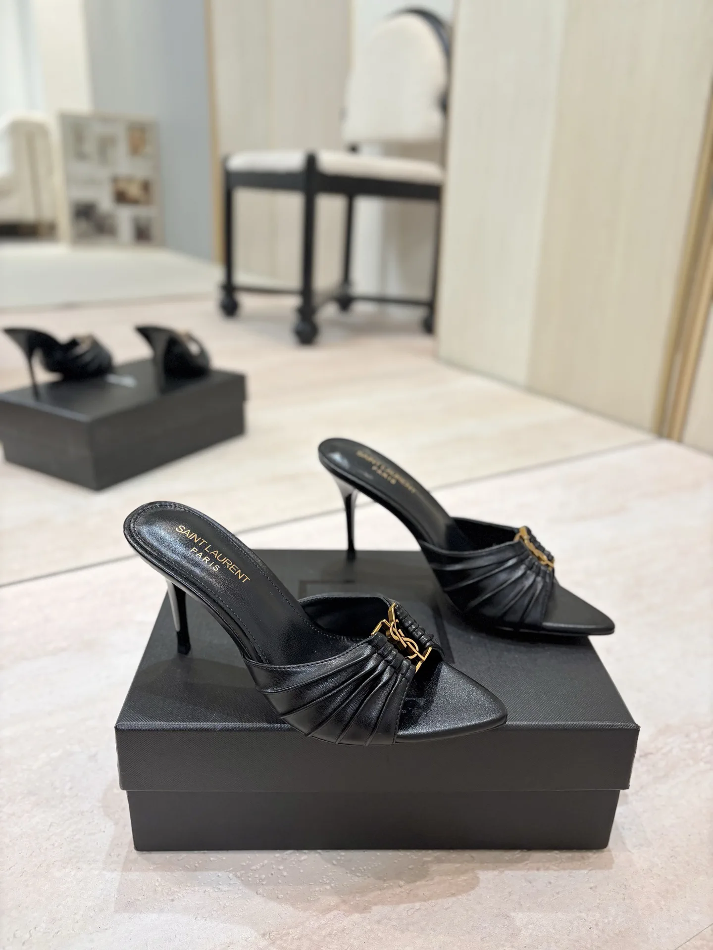 Ruched Pointed Toe High Heel Mules with Gold Metal Buckle image 1