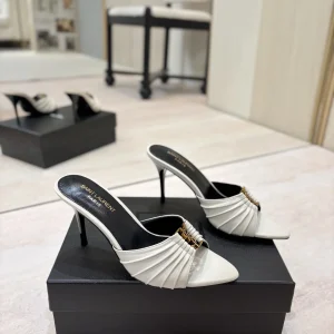 Ruched Pointed Toe High Heel Mules with Gold Metal Buckle image 1