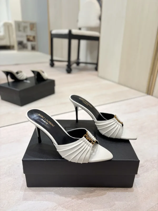 Ruched Pointed Toe High Heel Mules with Gold Metal Buckle image 1