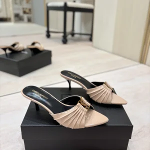 Ruched Pointed Toe Kitten Heel Mules with Gold Metal Buckle image 1