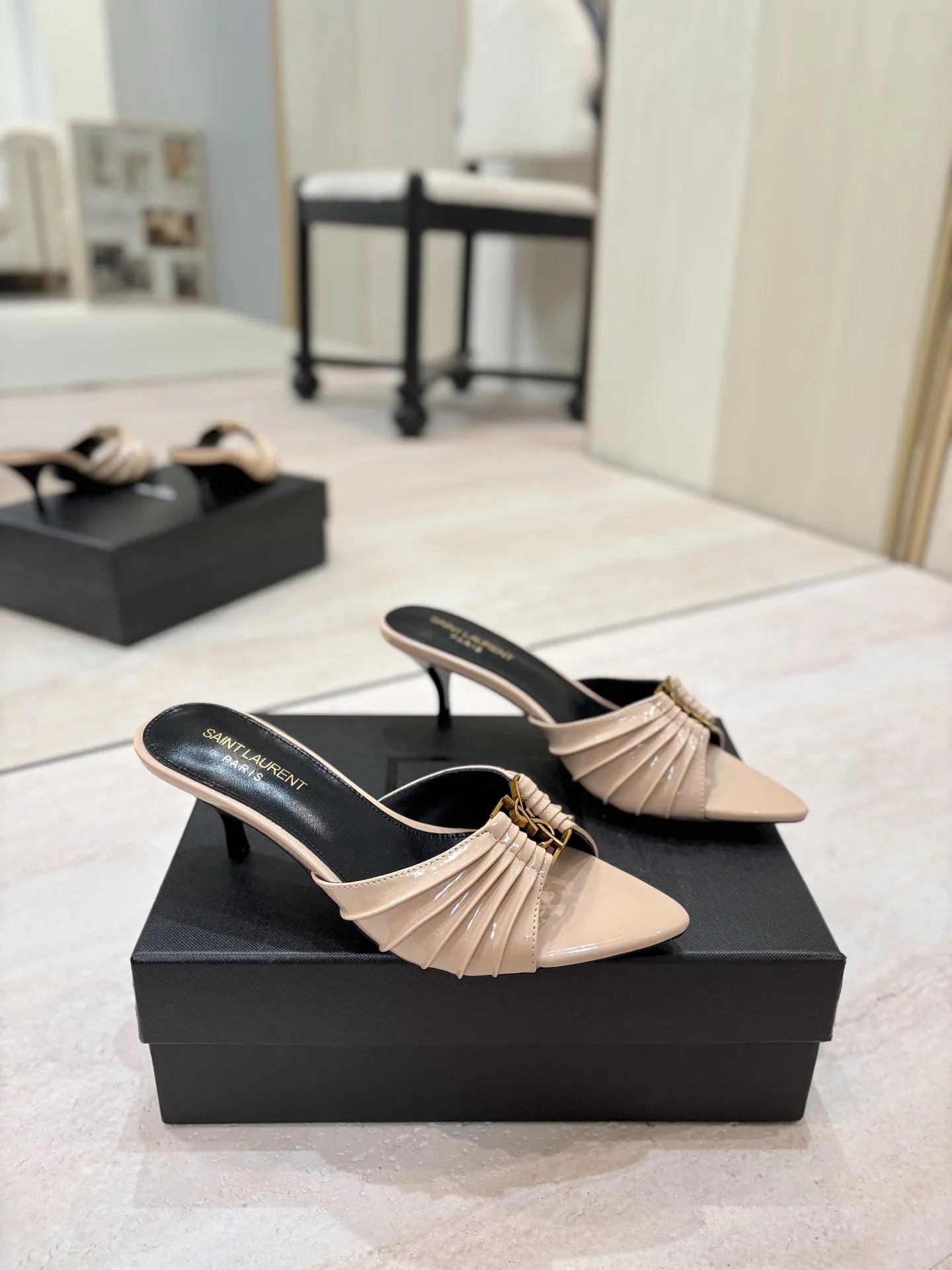 Ruched Pointed Toe Kitten Heel Mules with Gold Metal Buckle image 1