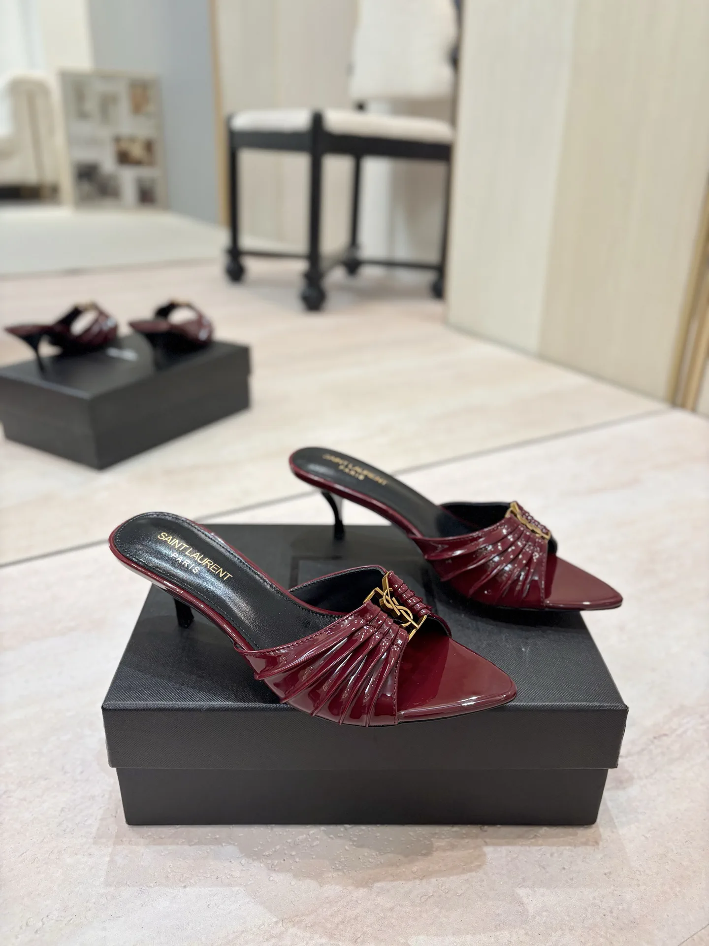 Ruched Pointed Toe Mid-Heel Mules with Gold Metal Buckle image 1