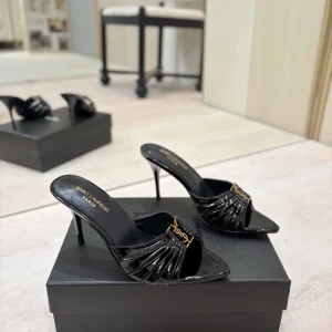 Ruched Pointed Toe High Heel Mules with Gold Metal Buckle image 1