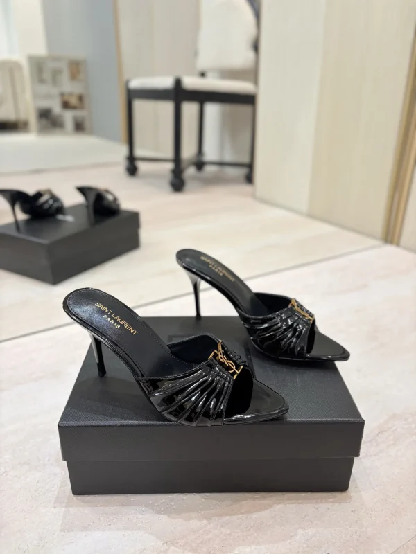 Ruched Pointed Toe High Heel Mules with Gold Metal Buckle image 1
