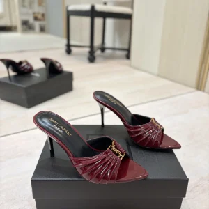 Ruched Pointed Toe High Heel Mules with Gold Metal Buckle image 1