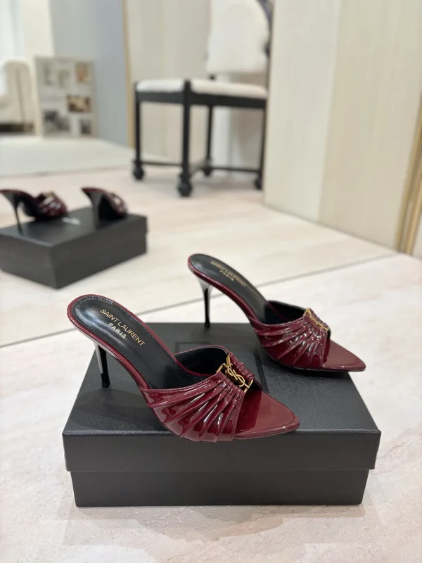 Ruched Pointed Toe High Heel Mules with Gold Metal Buckle image 1