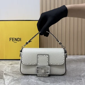 FENDI White Stitched Detail Baguette Shoulder Bag image 1